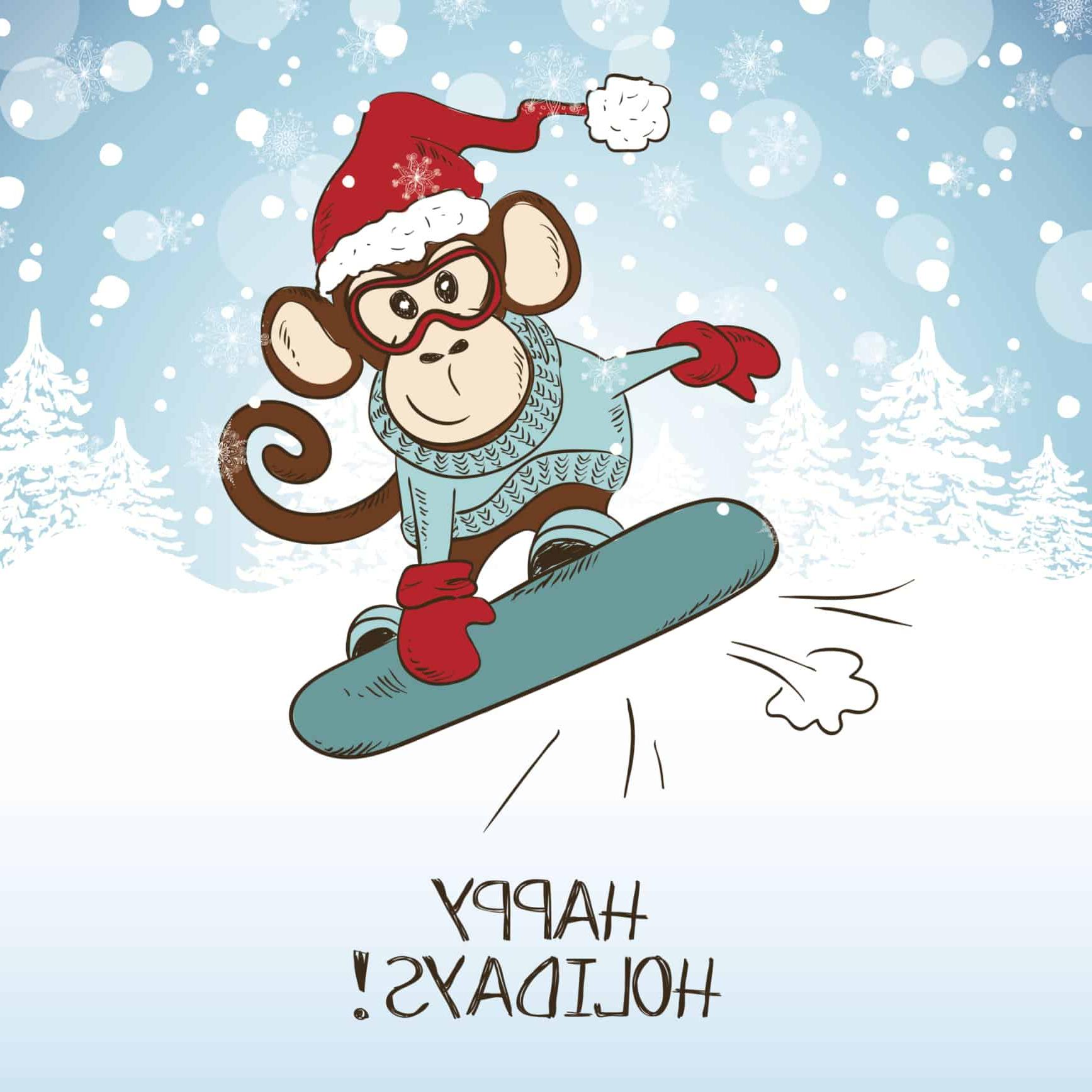 节日快乐! 滑雪板上的猴子
